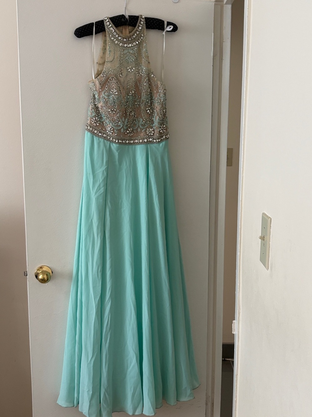 Embellished Halter Prom Dress in Aqua